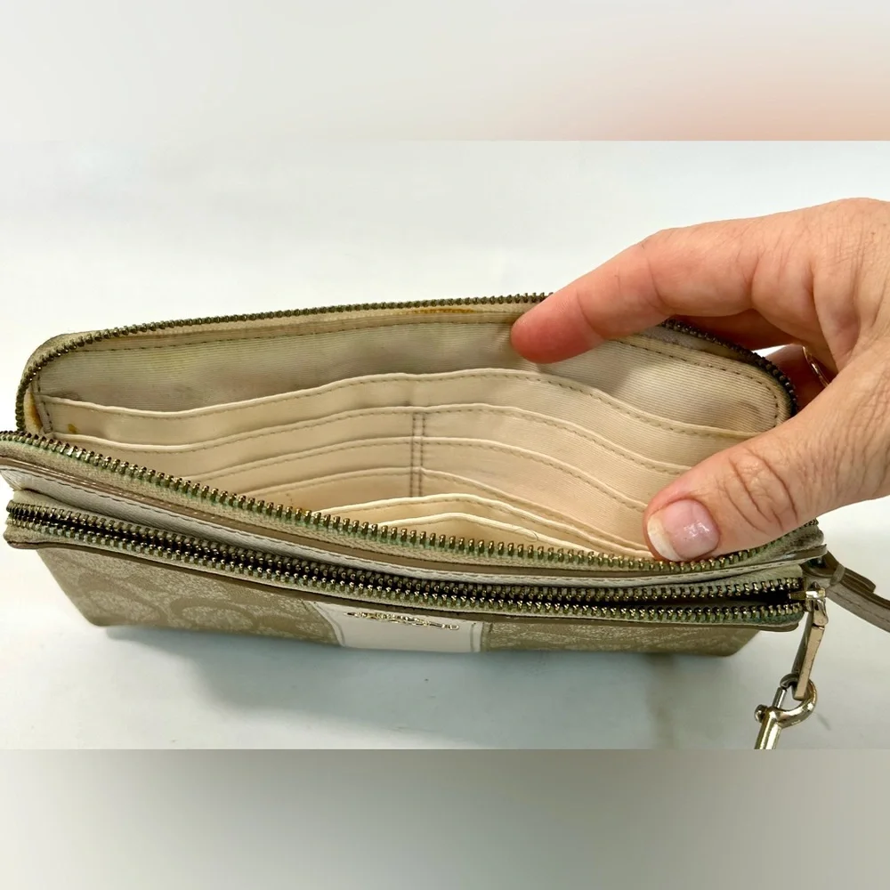 Coach Signature CC Khaki Double Zip Wristlet Wallet F52848